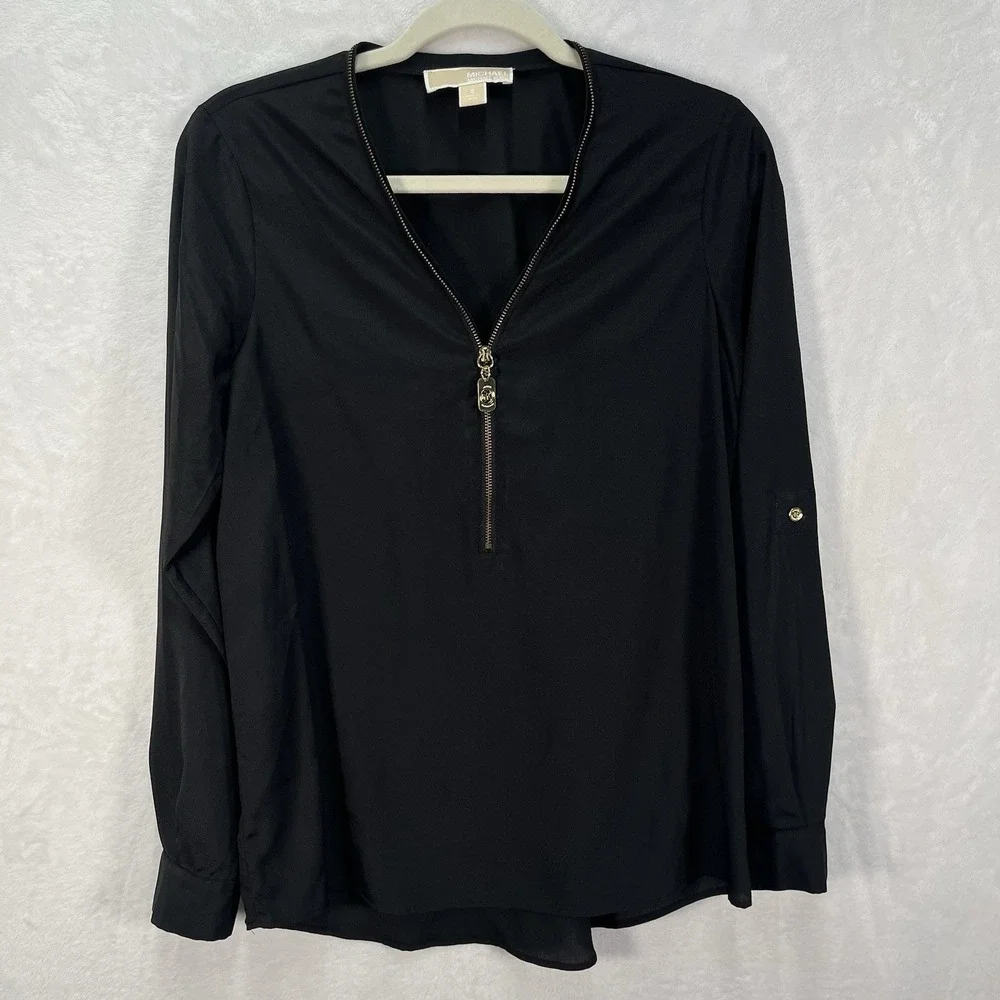 Michael Kors Zip Vneck Roll Tab Blouse Womens Small Black Career Work Minimal